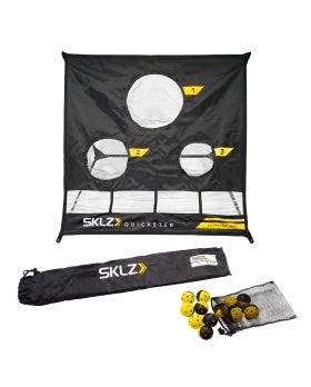 Front view of SKLZ quickster chipping net and 12 pack of impact practice balls on a white background
